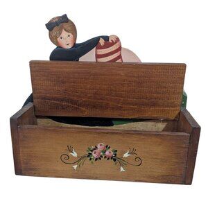 Hand-Painted Wooden Storage Box With Girl & Flowers Lid 10"x3.5" Folk Art Decor